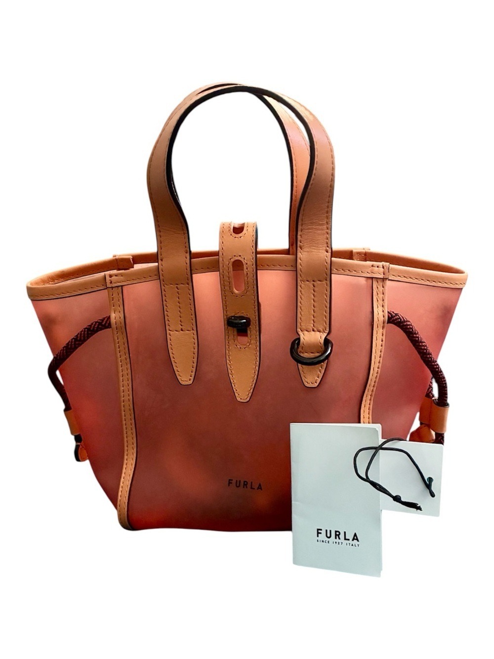 Furla Digizia Pink Jelly Tote Handbag Leather Trim Two Tone Cord Drawstring MINI